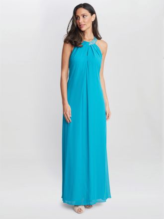 Gina Bacconi Womens Pamela Halter Neck Maxi Dress With Beaded Neckline - Sky Blue - Size 20 UK