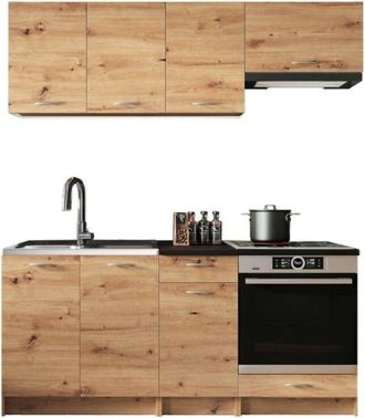 Dmora Cocina completa Teano, conjunto compacto y funcional con puertas y cajones, nudos de roble