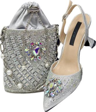 Generic Womens Stiletto High Heel Shoes and Gold Chain Handbag Set Sparkly Rhinestone Big Crystal Decoration