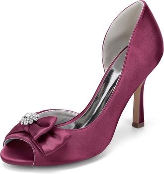 Generic Wedding Heels Womens Rhinestones Bridal Shoes Peep Toe Stiletto Pumps Satin Evening Party Prom Dress Pumps 9.5Cm,Burgundy,10 UK