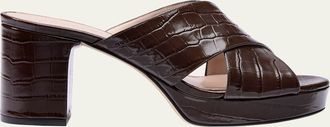 Stuart Weitzman 80mm Dayna Croc-Embossed Leather Platform Sandals