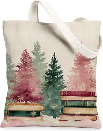 Generic Winter Trees Canvas Tote Bags, Artistic Forest Pattern Reusable Grocery Bags, Vintage Lightweight Washable Shoulder Strap C, Peach, 13x15 Inch