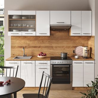 Vicco Mueble De Cocina Fame-line, Blanco Brillo Intenso/roble Dorado, 240 Cm Sin Encimera