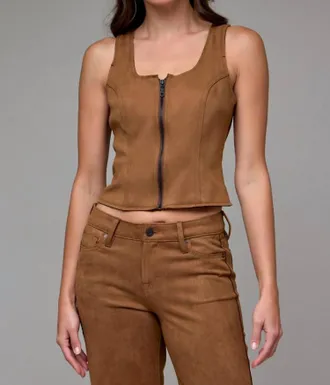 Hidden Jeans Rebel Suede Bodycon Front Zipper Top In Caramel