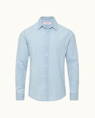 Orlebar Brown Giles Chambray Tailored Fit Chambray Shirt in Wave Blue at Nordstrom, Size Xxx-Large