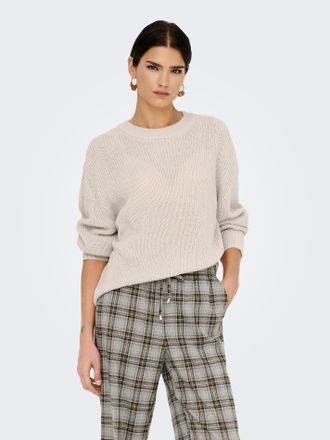Only Strickpullover ONLY ONLMILOUZ LS RIB PULLOVER KNT NOOS, Damen, Gr. XL, moonbeam, Strick, Obermaterial: 100% Polyacryl, unifarben, h&uuml;ftlang, Rundhals, 