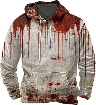 Generic Halloween Hoodies For Men UK Bloody Sweatshirt with Pockets Blood Printed Hooded Shirts Casual Long Sleeve Pullover Fashion Autumn Winter Coats (Beige