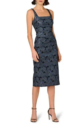 Aidan Mattox Metallic Floral Jacquard Cocktail Midi Dress in Black/Navy at Nordstrom, Size 14