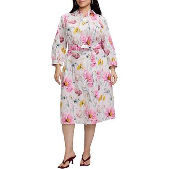 Foxcroft Esther Floral Belted Cotton Shirtdress in Pink/Multi at Nordstrom, Size 2X