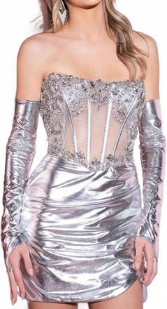 Rachel Allan Strapless Sheer Corset Mini Dress In Platinum