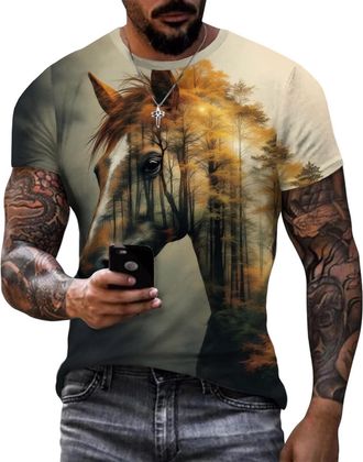 Generic Mens Funny Graphic Tees Animal Tree Print T-Shirt Crew Neck Short Sleeve Shirt Mountains Woods and Wild Horses 3XL