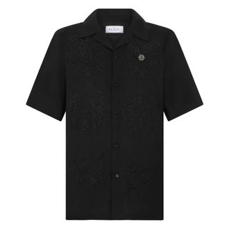Philipp Plein Overhemden, Heren, Zwart, S, Linnen, Geborduurd Linnen Bowling Shirt Tattoo Strass