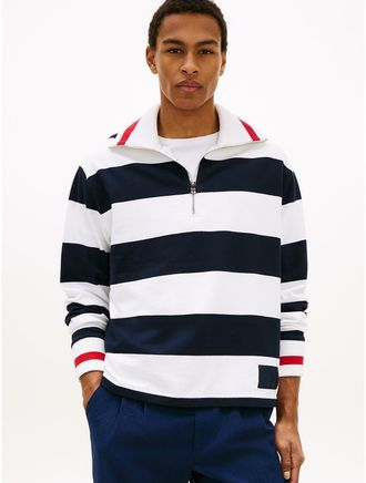 Tommy Hilfiger Mens Breton Stripe Quarter-Zip Sweatshirt - White - XL