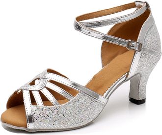 Minitoo Comfortable Womens Latin Salsa Shoes Glitter Evening Wedding Sandals, X025 silver 6 cm heel, 9 UK