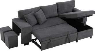 STILVORA Sof&aacute; Esquinero Convertible 3 Plazas En Terciopelo Acanalado Con Cofre, Usb, Type-c, Estante Lateral Y Brazos Anchos, Gris