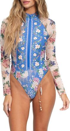 Agua Bendita Monti Ivy Long Sleeve Zip One-Piece Swimsuit in Blue at Nordstrom, Size X-Large