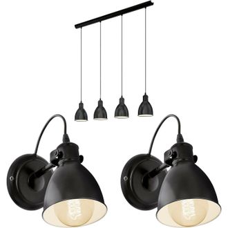 Loops Quad Ceiling Light & 2x Matching Wall Lights Black Industrial Hanging Trendy