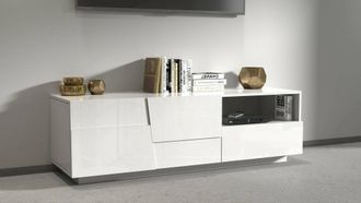 Dmora Dmora - Mueble Tv Velio, Aparador Bajo De Sal&oacute;n Con 2 Puertas Y 1 Caj&oacute;n, Base Para Mueble Tv, 150x44h46 Cm, Blanco Brillo, Con Embalaje Reforzado