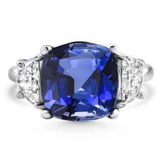 Pompeii3 8.50Ct TW Cushion Blue Sapphire & Diamond 3-Stone Ring 14k White Gold Lab Grown