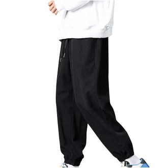 Generic Mens Corduroy Trousers Tapered Fit Gym Trouser with Pockets Elasticated Waist Sweatpants Solid Colour Drawstring Joggers Bottoms Wide Leg Sportswear S