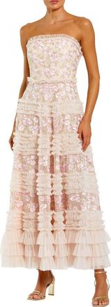 Mac Duggal Floral Embroidered Strapless Ruffle Midi Dress in Blush Multi at Nordstrom, Size 12