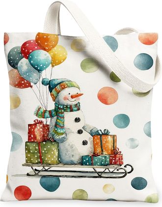 Generic Snow Man Canvas Tote Bags, Cute Winter Holiday Pattern Reusable Shopping Bags, Colorful Fun Lightweight Washable Shoulder S, White, 13x15 Inch