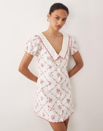 Abercrombie & Fitch Vestito corto bianco a fiori con maniche a sbuffo e colletto-Neutro