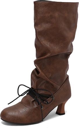 Generic Womens Vintage Style Knee-High Boots Side Zip Faux Leather Slouchy Design Lace-Up Front with Kitten Heel Elegant Evening Footwear,Brown,6.5 UK