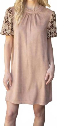 THML Clothing Floral Embroidered Short Sleeve Suede Dress In Brown