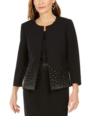 Kasper Womens Embellished Open Front Jacket Black Size 16