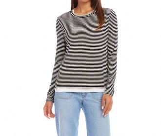Karen Kane Long Sleeve Stripe Double Layer Side-Slit Top In Black With Off White