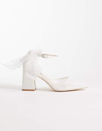 Be Mine Reema - Scarpe da sposa in pizzo avorio con tacco largo e fiocco-Bianco