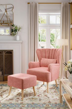 Living and Home Pink Matte Velvet Stripe Curved Wing Back Armchair with Cushion and Footstool