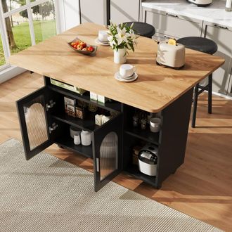Merax Rolling Kitchen Island with Extendable Dining Table, Fluted Glass Doors in Black