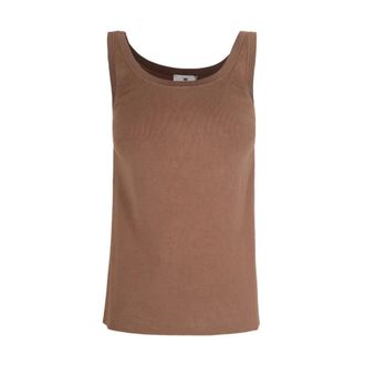 Elisabetta Franchi Sleeveless Tops, female, Brown, Size: XL Knit Fabric Top with Shiny Viscose Bands