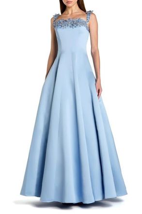Mac Duggal Satin Beaded Off The Shoulder Ballgown in Slate Blue at Nordstrom, Size 10