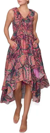 Melloday Print Ruffle Organza Sleeveless High-Low Maxi Dress in Pink Purple Multi at Nordstrom, Size X-Small