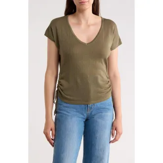 Max Studio Side Ruched Short Sleeve V-Neck Sweater in Army at Nordstrom Rack, Size X-Large