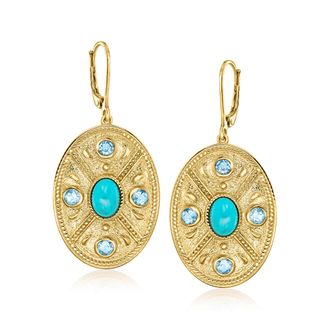 Ross-Simons Turquoise and. Sky Blue Topaz Etruscan-Style Oval Drop Earrings in 18kt Gold Over Sterling