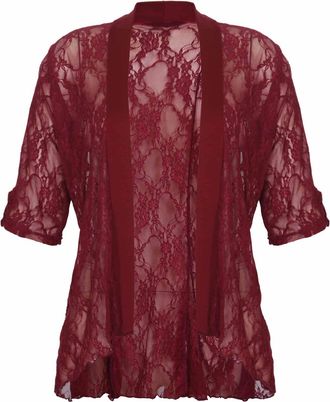 Purple Hanger Womens Floral Lace Short Turn Up Cuff Sleeve Ladies Waterfall Front Open Cardigan Top Plus Size Burgundy Size 22 - 24
