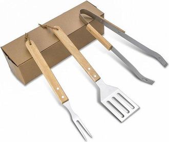 OEM Juego De Utensilios Para Barbacoa - Accesorios Para Barbacoa De 3 Piezas Con Mango De Madera: Pala, Pinzas Para Barbacoa Y Tenedor