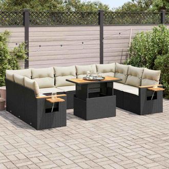 vidaXL Set Sof&aacute;s Jard&iacute;n Y Cojines 10 Pzas Rat&aacute;n Sint&eacute;tico Acacia Negro Vidaxl
