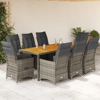 vidaXL Mesita Y Sillas Jard&iacute;n 9 Piezas Y Cojines Rat&aacute;n Sint&eacute;tico Gris Vidaxl