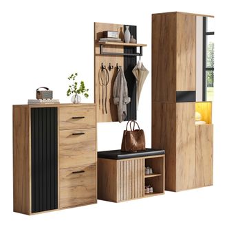 STILVORA Muebles De Recibidor Con Armario, Zapatero, Banco Y Perchero, Espejo, Estilo Moderno, En Tablero De Part&iacute;culas, Natural+negro, 215&times;36&times;190 Cm