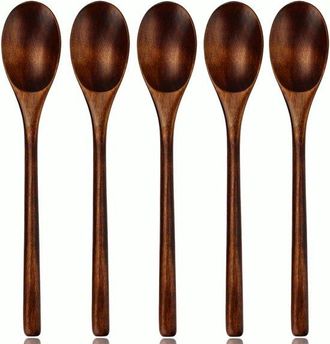 OEM Cucharas De Madera, 5 Cucharas De Madera De Mango Largo, Cucharas De T&eacute;, Cucharas De Ensalada, Cucharas De Sopa, Aptas Para Comer, Remover