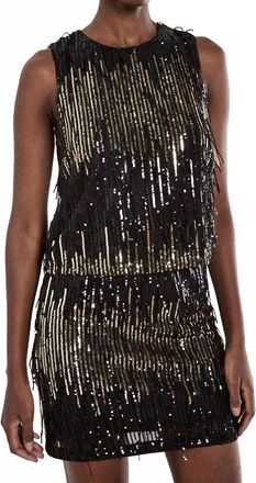 Apricot Sequin Stripe Fringe Skirt In Black