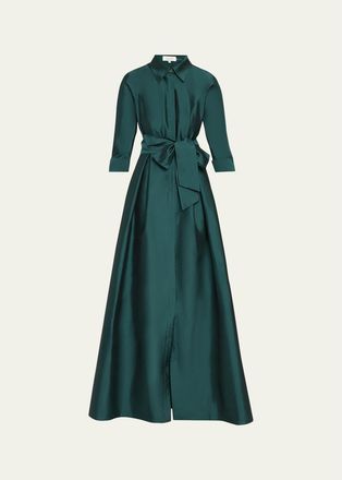 Teri Jon 3/4-Sleeve Taffeta Shirtdress Gown