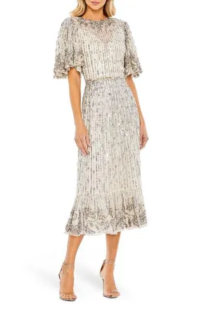 Mac Duggal Embellished Flounce Sleeve Midi Dress in Nude Silver at Nordstrom, Size 16