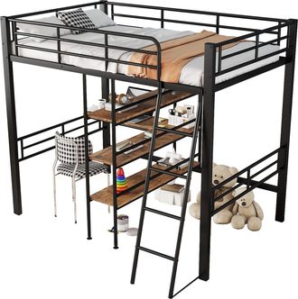 STILVORA Cama Alta Cama Individual Con Escritorio, Estantes, Escalera Y Barandillas 90 &times; 200 Cm, Sin Colch&oacute;n, Negro