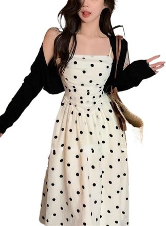 Generic ZYSWCHB Womens Casual Dresses Elegant Vintage Midi Dress Women Sleeveless Strap Party Dress Outwear Korea Fashion Sweet Dresses(XL)